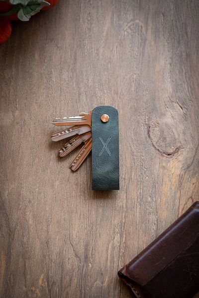 minimal X design Leather Keychain Long 3-4 Key Capacity - Ocean Green - Minimalist Design