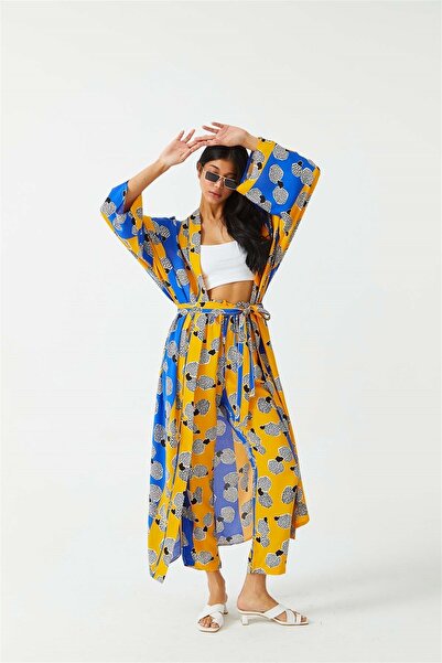 Okyanus Butik Kadın Mavi-turuncu Kimono Takım