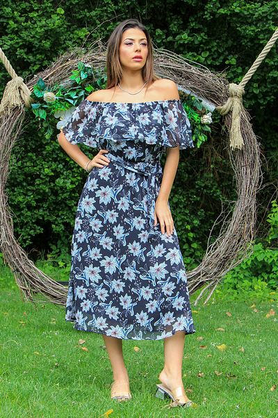 Neşeli Butik Rochie de damă neagră Carmen cu guler floral de vară din șifon Nb10037