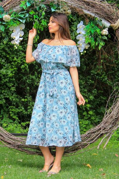 Neşeli Butik Rochie din șifon de lungime midi, cu guler Carmen, mentă, Nb10037