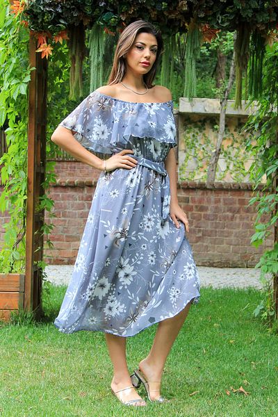 Neşeli Butik Γυναικείο φόρεμα σιφόν με γκρι δέσιμο με λεπτομέρεια Madonna γιακά Nb100371