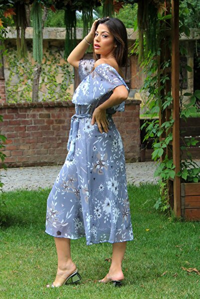 Neşeli Butik Γυναικείο φόρεμα σιφόν με γκρι δέσιμο με λεπτομέρεια Madonna γιακά Nb100371