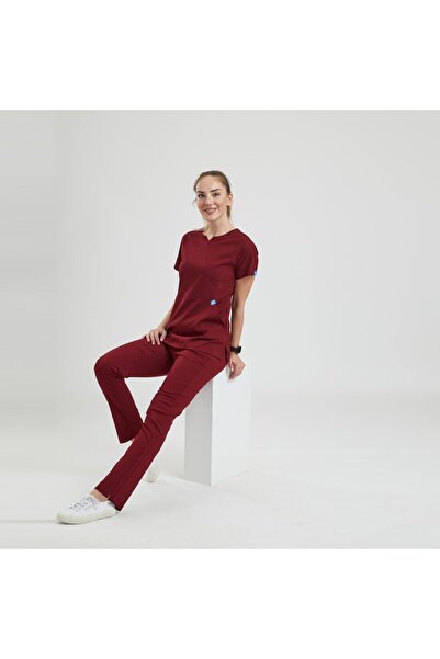 Wio Uniform Freesıa Kadın Likralı Bordo Doktor Hemşire Cerrahi Üniforma Takımı