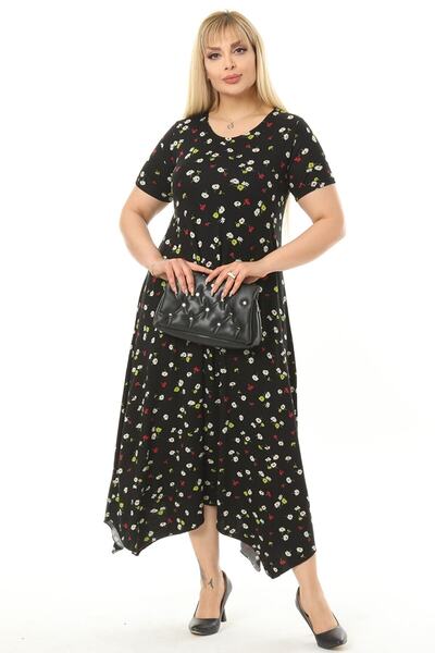 Kuiye Women's Plus Size Patterned Short Sleeve Asymmetric Skirt Dress