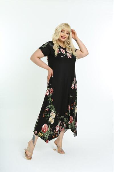 Kuiye Women's Plus Size Patterned Short Sleeve Asymmetric Skirt Dress