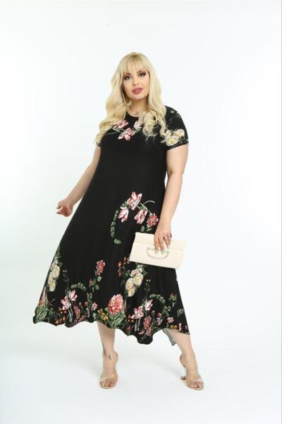 Kuiye Women's Plus Size Patterned Short Sleeve Asymmetric Skirt Dress