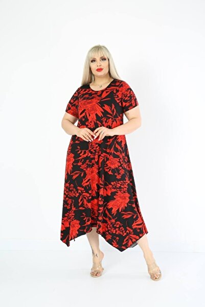 Kuiye Women's Plus Size Patterned Short Sleeve Asymmetric Skirt Dress
