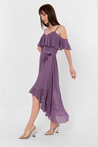 Laranor Λιλά Ασύμμετρο φόρεμα σιφόν με ρυθμιζόμενο λαιμόκοψη και βολάν στη φούστα