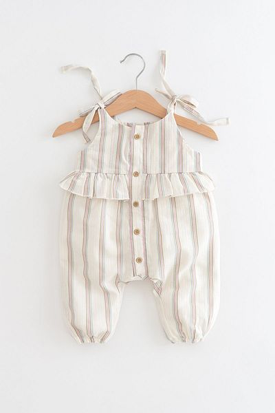 Banamio Jasmin Shoulder Tie Striped Patterned Button and Ruffle Detailed Cotton Jumpsuit (ecru)