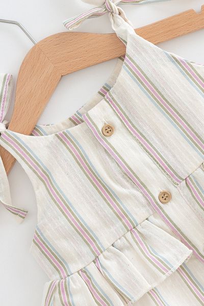 Banamio Jasmin Shoulder Tie Striped Patterned Button and Ruffle Detailed Cotton Jumpsuit (ecru)