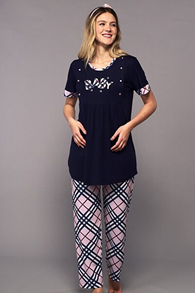Emose Düğmeli Lohusa Hamile Pijama Takım Lacivert