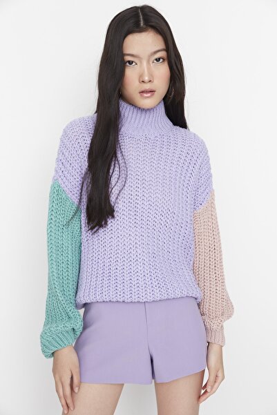 Trendyol Collection Pulover din tricotaje cu bloc de culoare liliac Wide Fit, texturat moale TWOAW21KZ0271