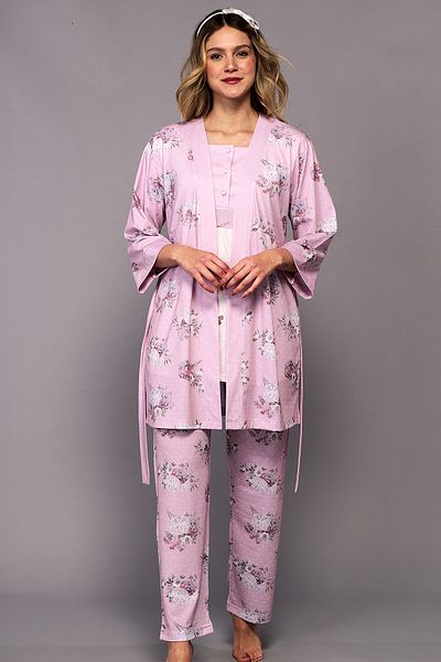 Flora Maternity Women's Pajamas Set with Maternity Dressing Gown Pink
