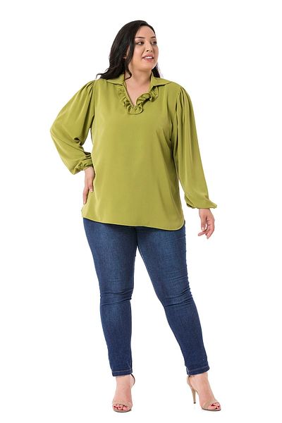 DISENTIS MODEST Green Plus Size Blouse - Ruffle Collar, Drawstring Shoulder and Buttoned Sleeve