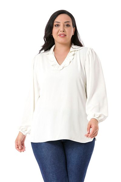 DISENTIS MODEST Plus Size Flowing White Blouse with Ruffled Collar, Shirred Shoulders, Sleeves and Buttons
