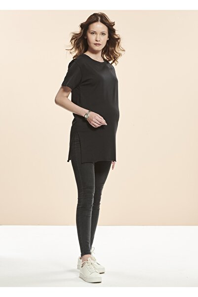Genel Markalar Yanı Yırtmaçlı Siyah Hamile T-shirt