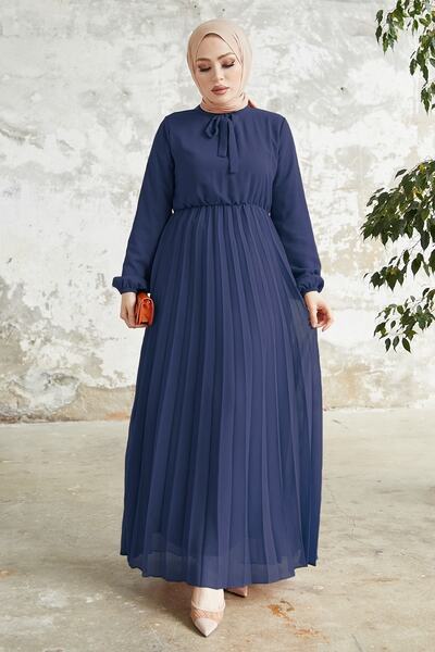 InStyle Piliseli Limelda Şifon Tesettür Elbise - Lacivert