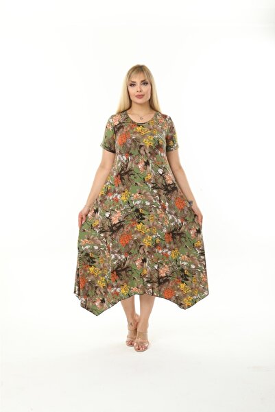Mami Plus Size Asymmetrical Skirt Short Sleeve Viscose Combed Cotton Dress
