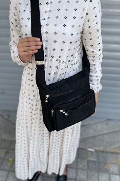 DZC KUZENLER ÇANTA Kadın Siyah Krinkıl Kumaş Çapraz Çanta Kırinkıl Omuz Çantası