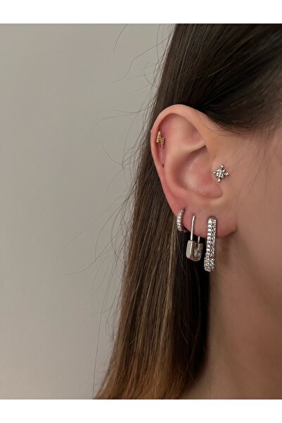 Okkostore Kadın Silver Renkli Çengelli Iğne 3'lü Küpe