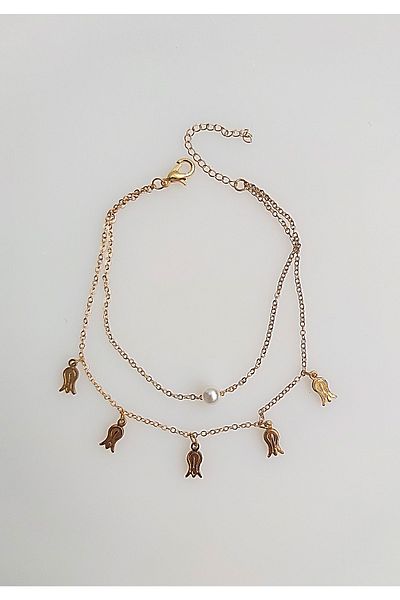 BİJUTERİ EVİ Gold Color Tulip Detailed Pearl Anklet - 02