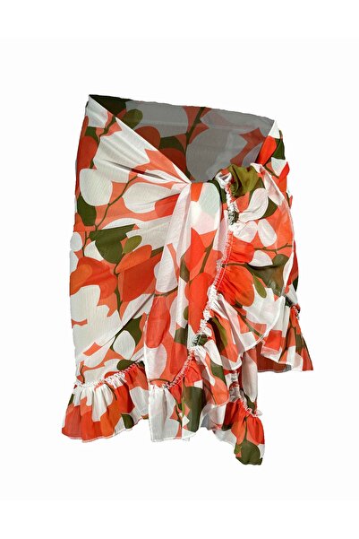 Bolder Beyaz Geometrik Desen Kısa Fırfırlı Pareo