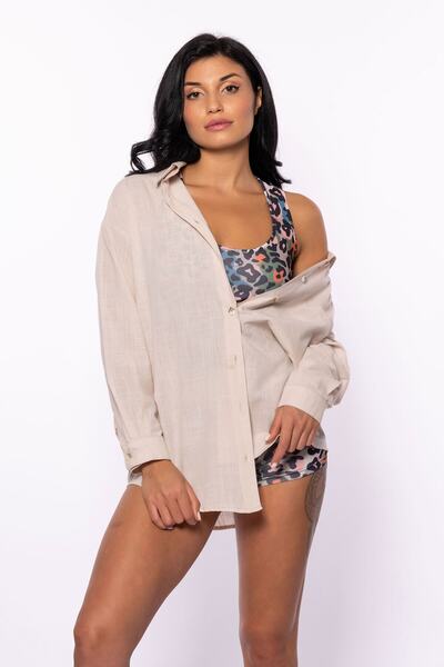 Grenj Fashion Bej Keten Oversize Gömlek