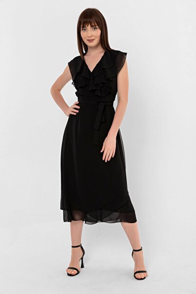 Laranor Μαύρο φόρεμα σιφόν με ασύμμετρη κοπή διπλό πέτο με κορδόνια