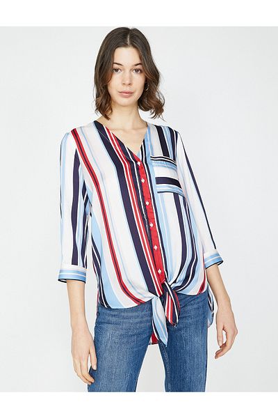 Koton Γυναικεία Navy Blue τσέπη με λαιμόκοψη με λεπτομέρεια 3/4 μανίκια μέση μπλούζα 9YAK63311EW