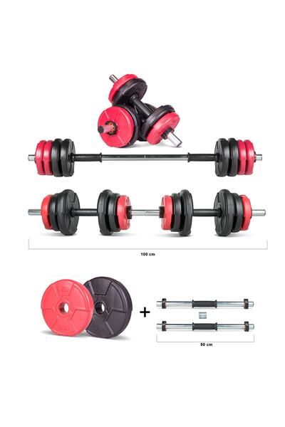 ECG Spor 12 Kg Multifonksiyonel Kırmızı Siyah Halter Seti Ve Dambıl Seti