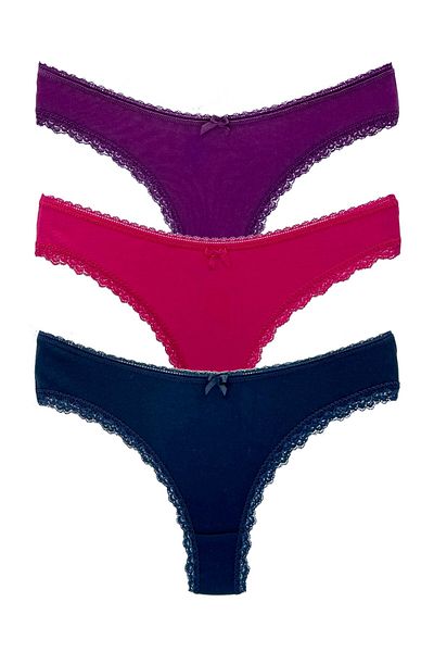 HNX 3-Piece Brazilian Women's Panties with Cotton Leg and Lace Detail on the Waist
