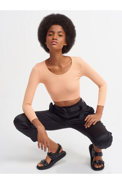 Dilvin 3529 Pool Neck Μακρύ μανίκι Crop Top-ροδακινί
