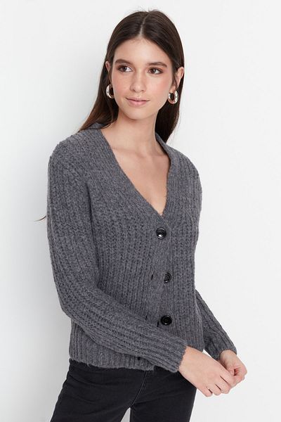 Trendyol Collection Антрацитовий базовий м'який фактурний светр-кардиган TWOAW20HI0214