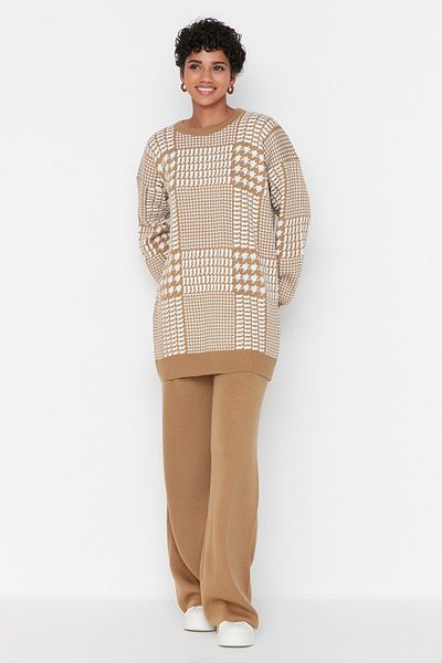 Trendyol Modest Σετ Πλεκτά Πουλόβερ-Παντελόνι Camel Houndstooth TCTAW23US00007