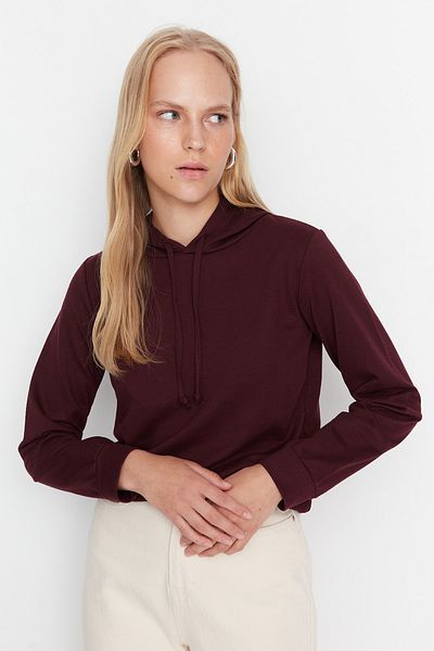 Trendyol Collection Tenká pletená mikina Plum Basic s kapucí TWOAW20SW0059
