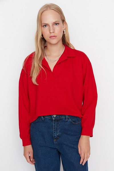 Trendyol Collection Rot Regular/Normal Fit Basic Polokragen Normales dünnes Strick-Sweatshirt TWOAW23SW00003