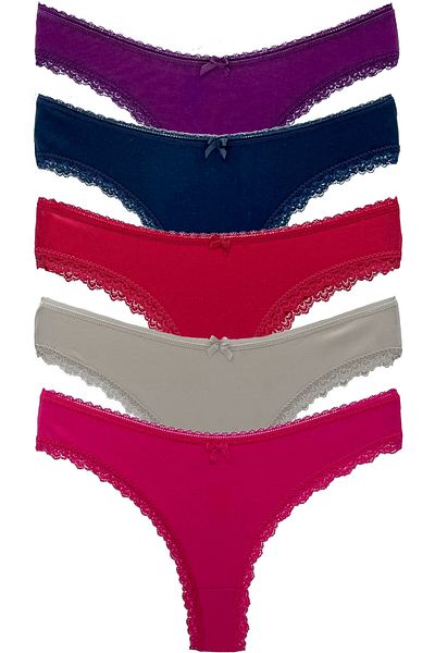 HNX 5-Piece Brazilian Women's Panties with Cotton Legs and Lace Detail on the Waist
