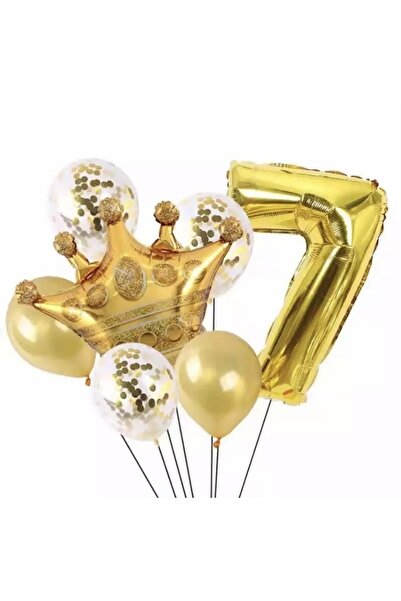 LOTUS PARTY مجموعة عيد ميلاد لعمر 7 سنوات - بالون شفاف - بالون ذهبي - بالون فوليو ذهبي مكون من 7 أرقام - بالون فوليو على شكل تاج الملك