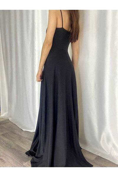 Secret Passion Lingerie Trend Μαύρο Ευέλικτο Κρέπ Υφασμάτινο Σχιστό Λεπτομερές Μακρύ Φόρεμα 582189 698