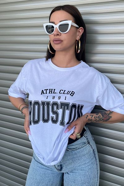 MODAGEN Tricou alb oversize pentru femei cu imprimeu Houston