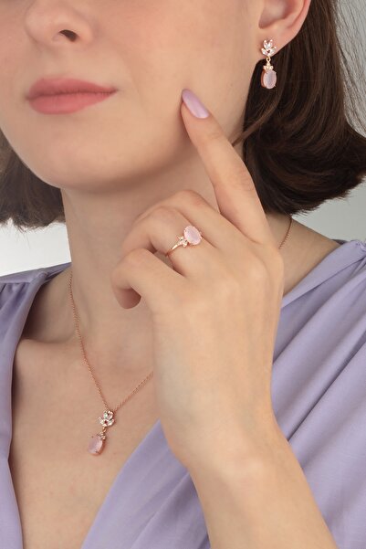 Miavi Silver 925 Ayar Gümüş Gül Kuvars Lotus Takı Seti