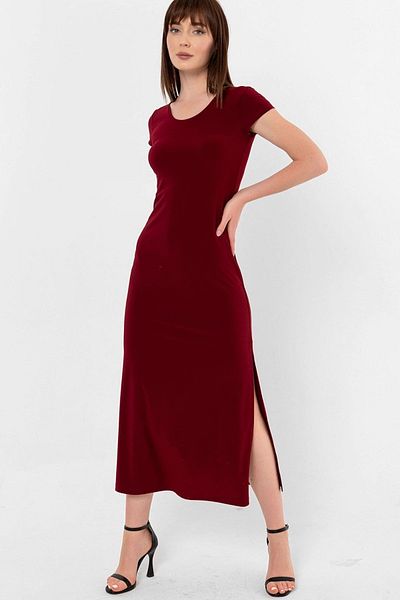Laranor Claret Red Crew Neck Slit Detail Dress