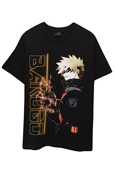 Genel Markalar Unisex Anime My Hero Academia Katsuki Bakugo Baskılı Siyah Tişört