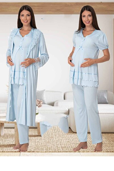 kaktüslohusa Effort Kadın Mavi Lohusa Hamile Pijama Takımı Ve Sabahlık Set 8024