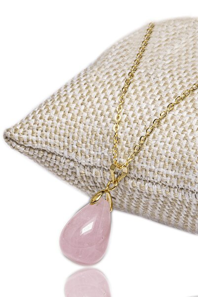 Tesbih Atölyesi Doğal Pembe Kuvars Taşı Kolye 24k Altın Kaplama