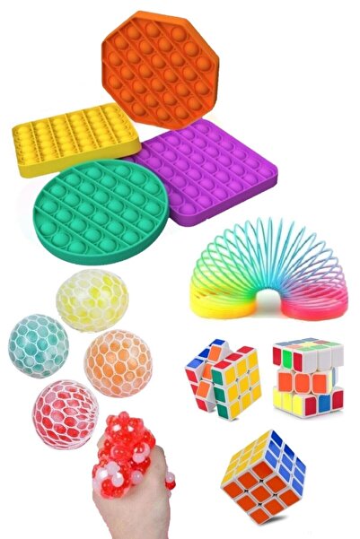 naque 4 Parça Stres Giderici Set 1 Popit 1 Zeka Küpü 1 Stres Yayı 1 Beyin Şekilli Stres Topu