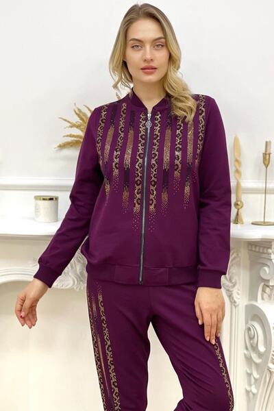 RICH GLAM Дамски памучен анцуг от две прежди с голям размер Plum Leopard Crystal Stone