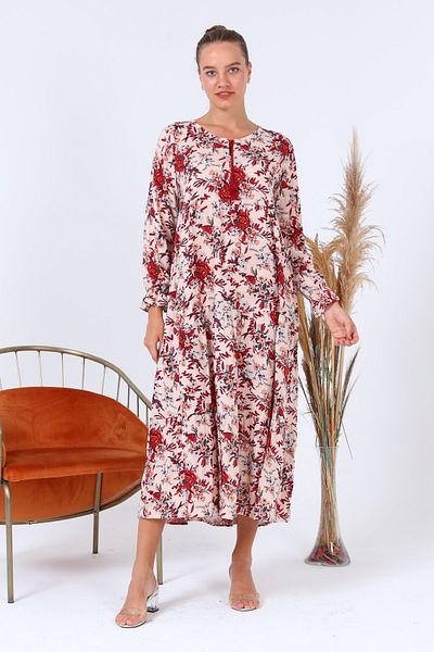 LİKAPA Viscose Long Sleeve Red Small Floral Skirt 3 Layers Summer Comfortable Quality Large Size Dress