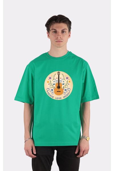 GreenMint تي شيرت أخضر كبير الحجم برقبة دائرية وحب السلام والموسيقى للجيتار ا...