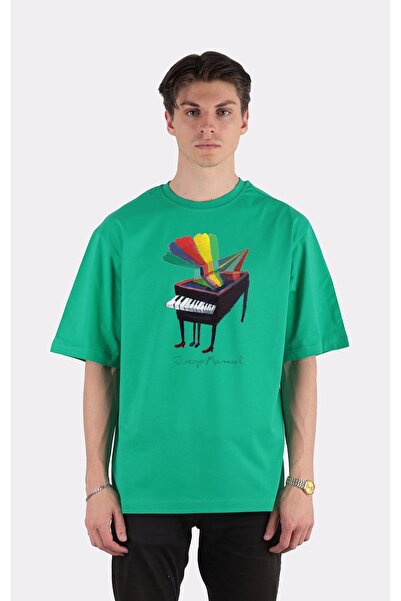 GreenMint تي شيرت أخضر كبير الحجم برقبة دائرية - موسيقى البيانو 3_em2317